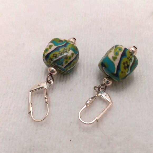 Dangles W/ Hearts & Flowers, Green, Blue, White Squares with Lobster Clasp - Picture 3 of 5